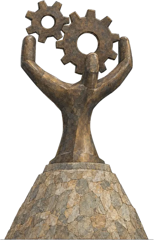 Ilustración del monumento de Yumbo: dos manos de piedra sosteniendo dos engranajes sobre una base de mampostería
